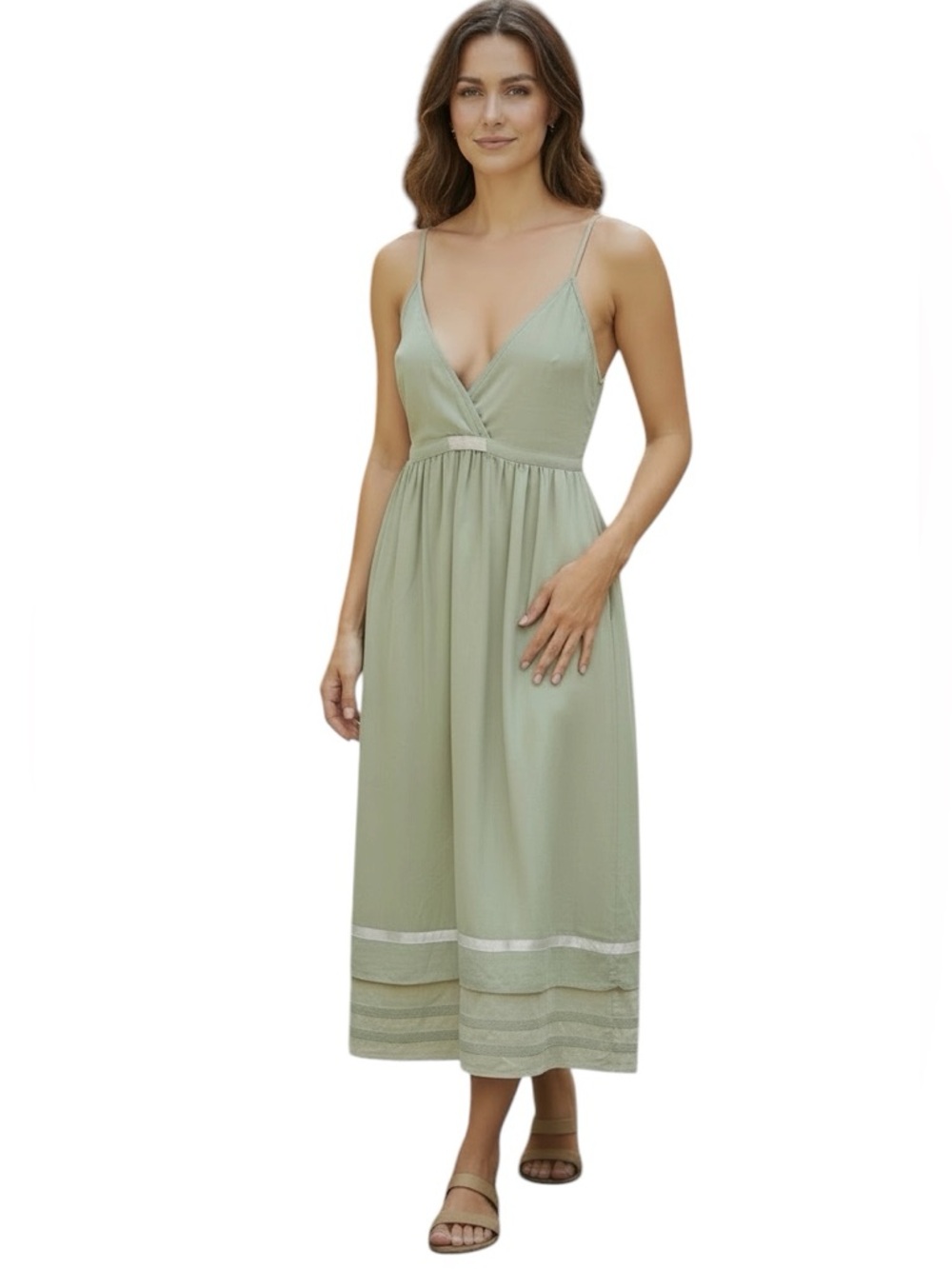 La Ligne Silk Glory Olive Green V-Neck Slip Dress Adjustable Spaghetti Straps L
